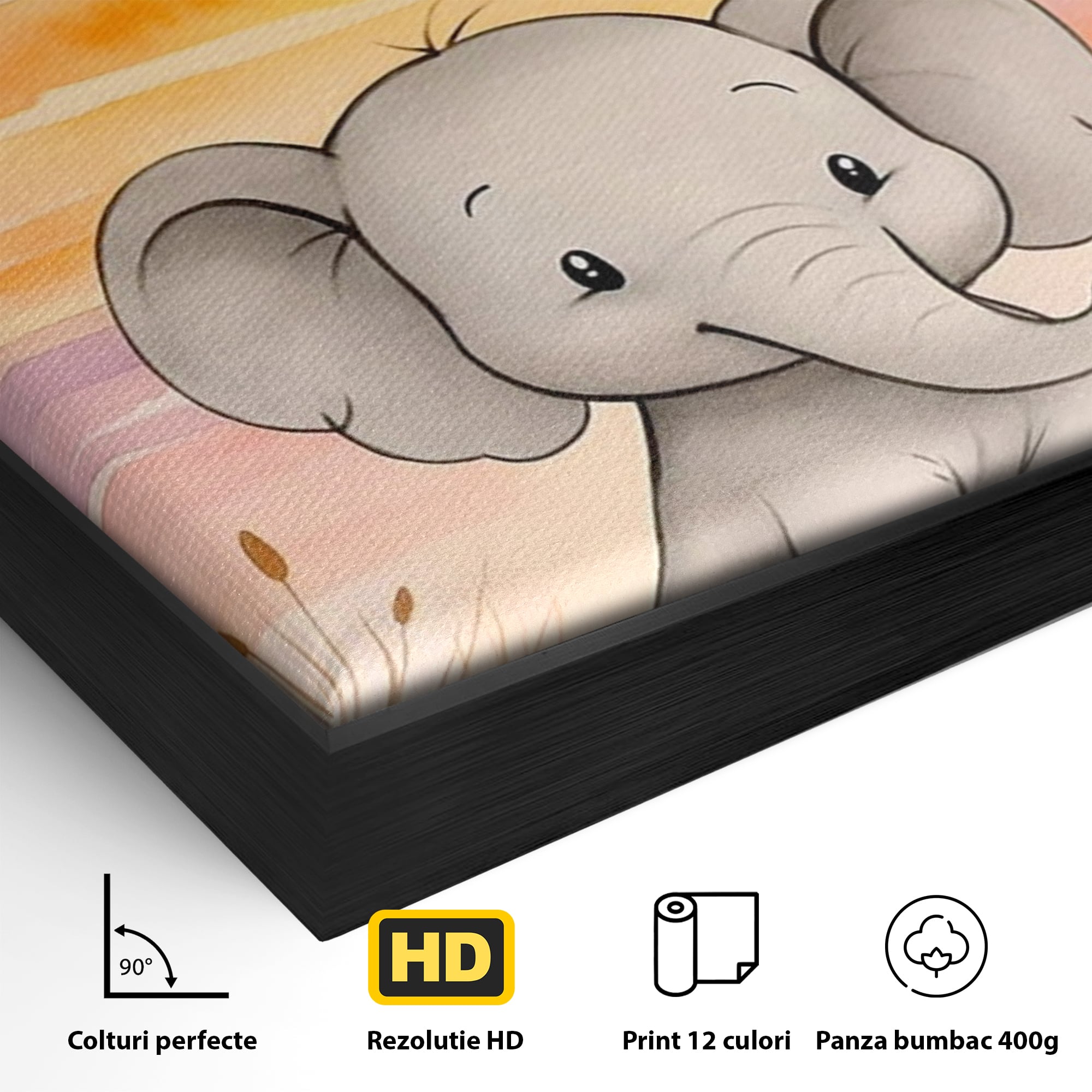 Detaliu al suprafetei: tablou canvas cu un elefantel acuarela, in rama de aluminiu negru